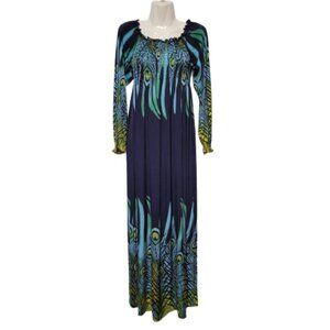 Long Sleeve Maxi Dress Peacok Motif Long Dress - One Size Fits Most- NEW !